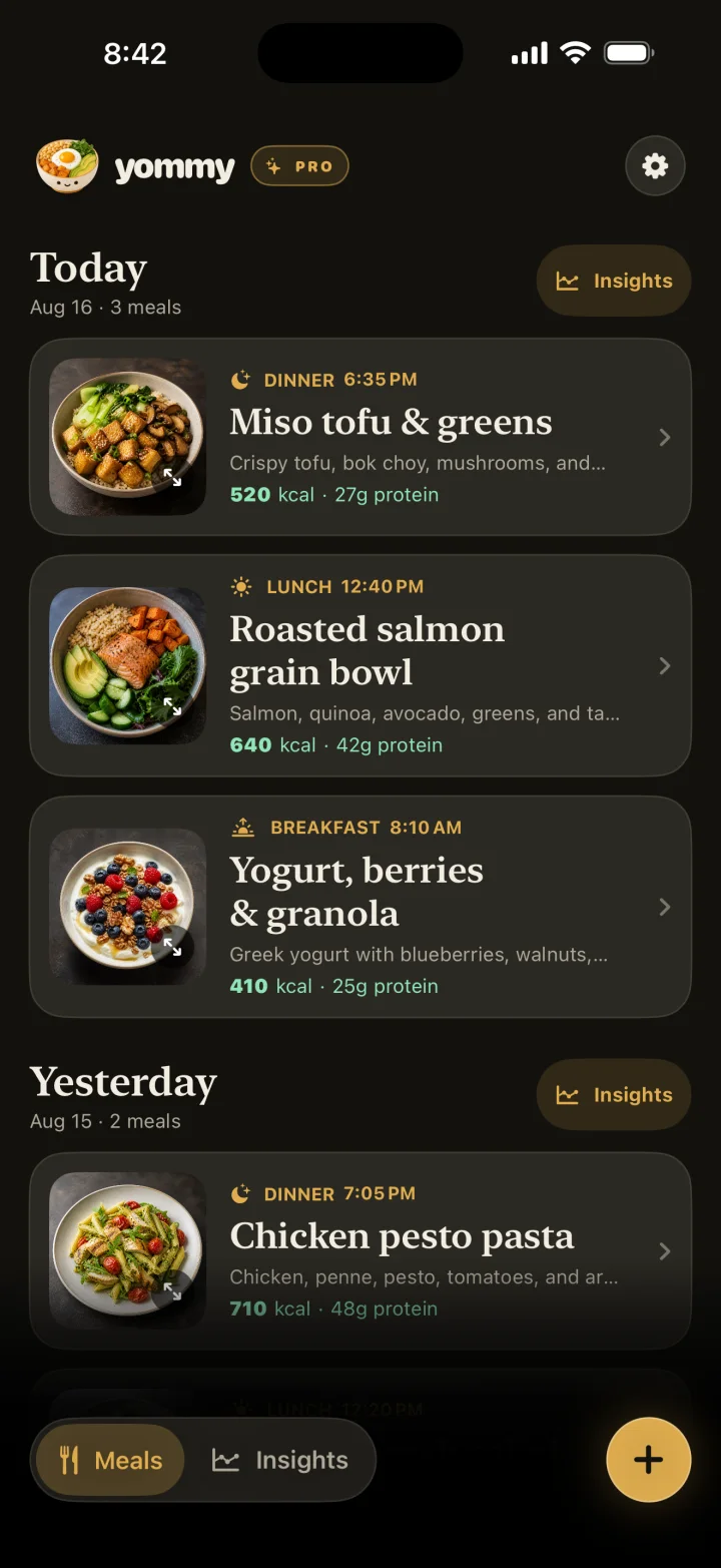 A private meal history with editable nutrition estimates